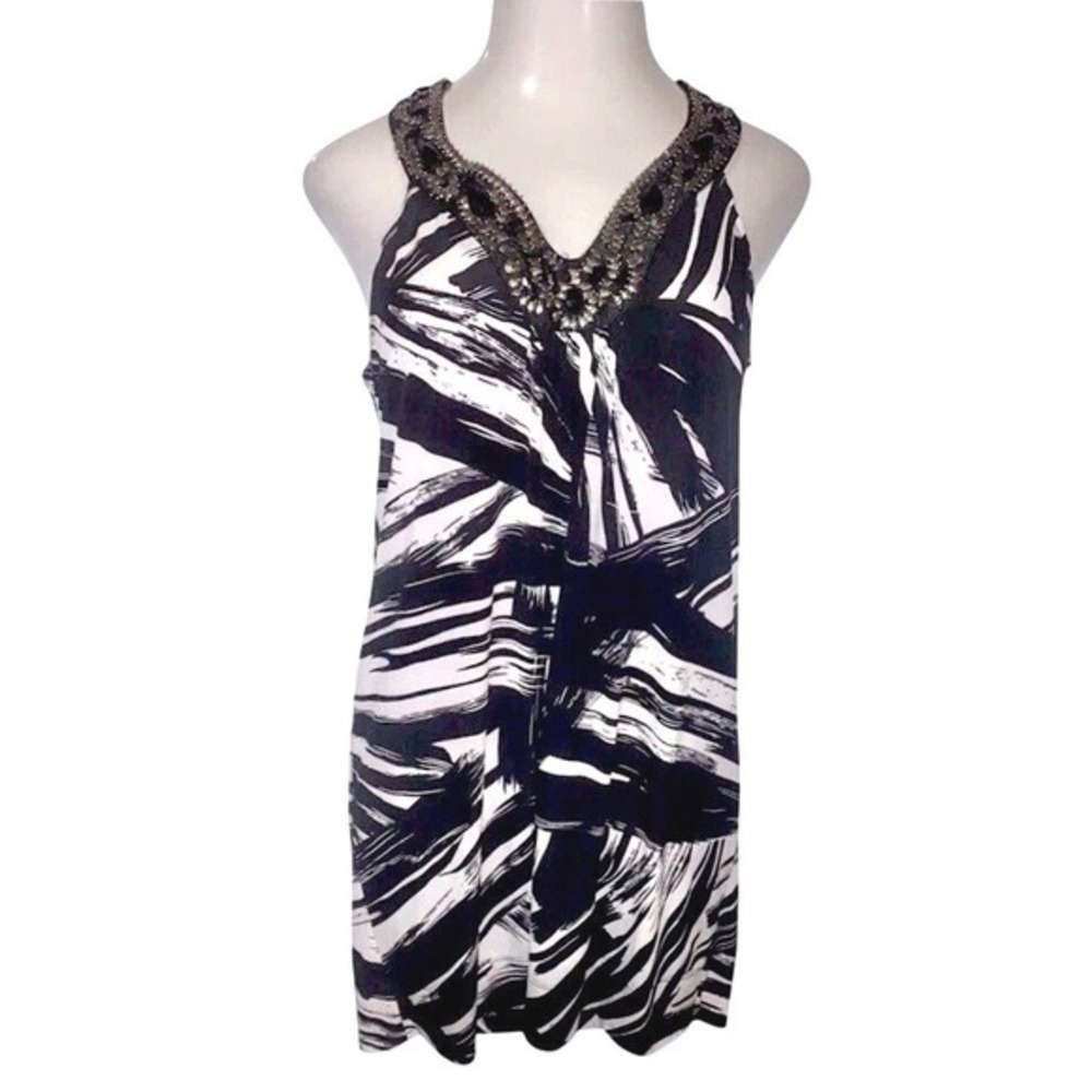 Bisou Bisou Michele Bohbot Black White Abstract Beaded V-Neck Dress Womens 8